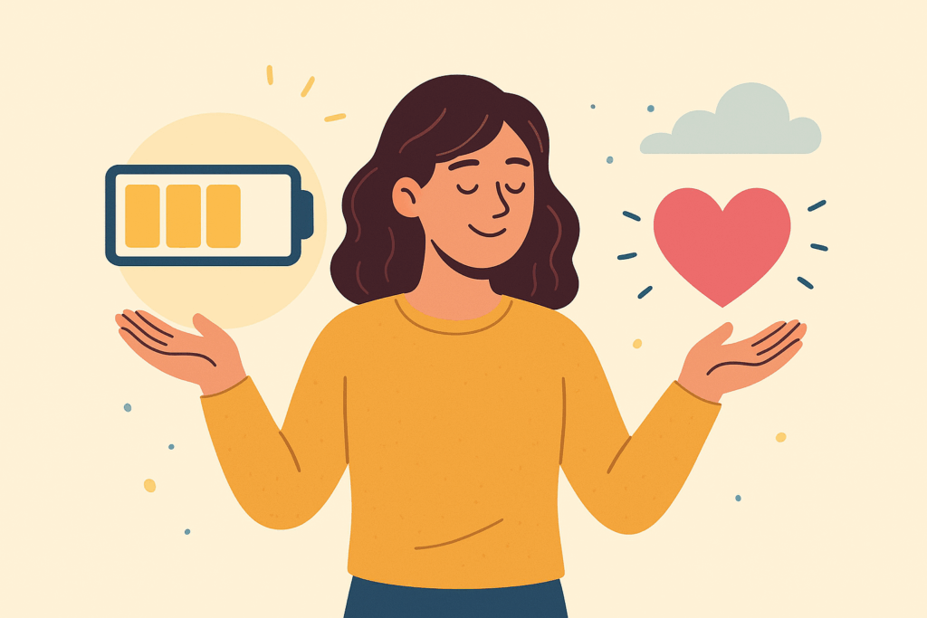 Animatie afbeelding van een jonge vrouw afgebeeld met in haar ene hand een batterij en in haar andere hand een hart en een wolkje. De afbeelding symboliseert de keuze die ze moet maken met de beperkte energie die ze heeft.