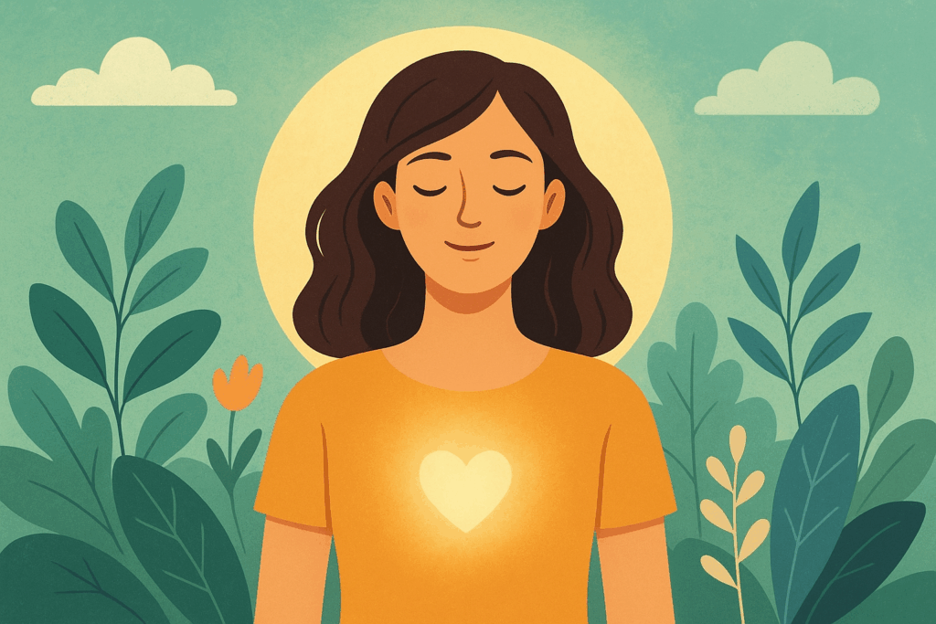 Op de foto zie je een vrouw in de natuur. In de afbeelding licht haar hart op. Dit staat symbool voor het een zijn met haar eigen identiteit.