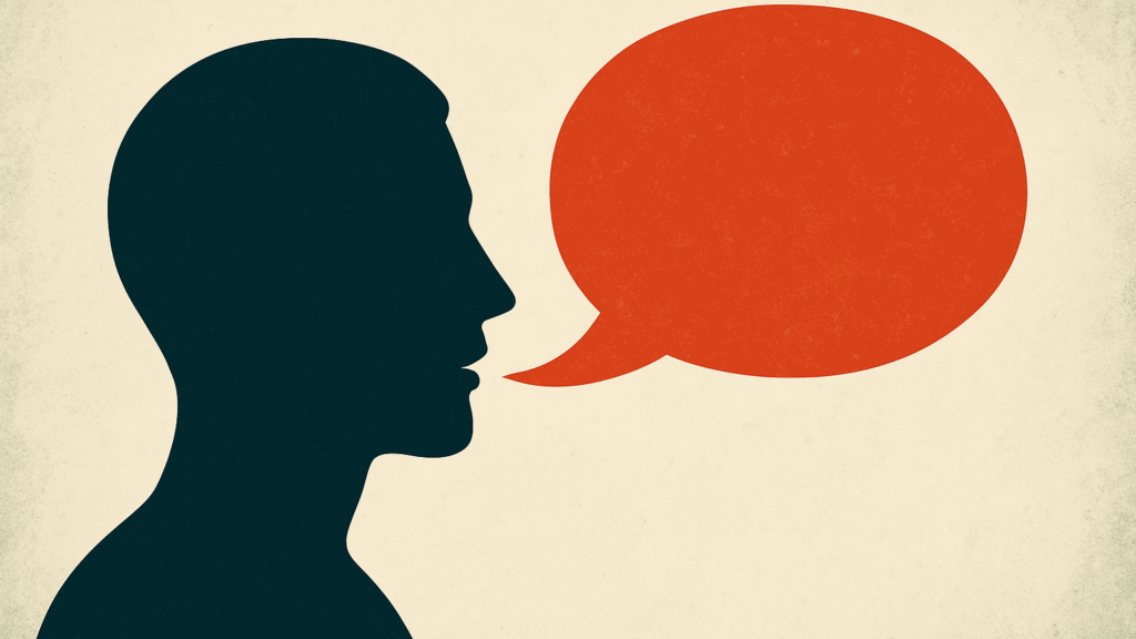 Op de afbeelding staat een persoon met een spraakwolkje afgebeeld. Dit symboliseert de kracht van het gebruiken van jouw stem.